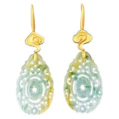 Used Natural Myanmar Handcrafted Icy Type Bicolor Green and Yellow Jade Earrings