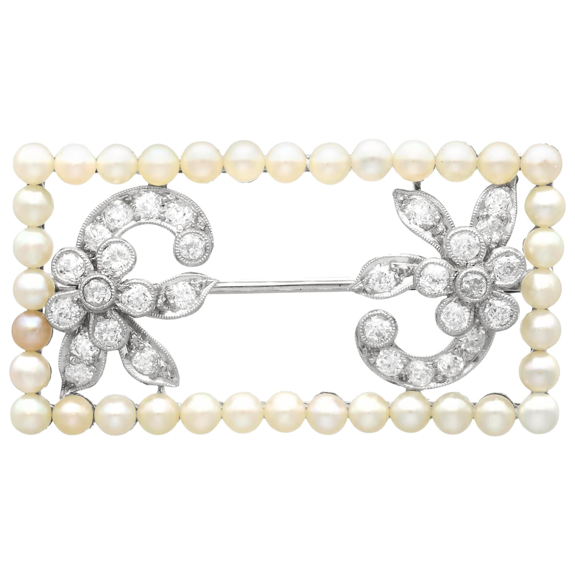 Broche des années 1930 en or blanc 17ct, perle naturelle et diamant de 1,75ct