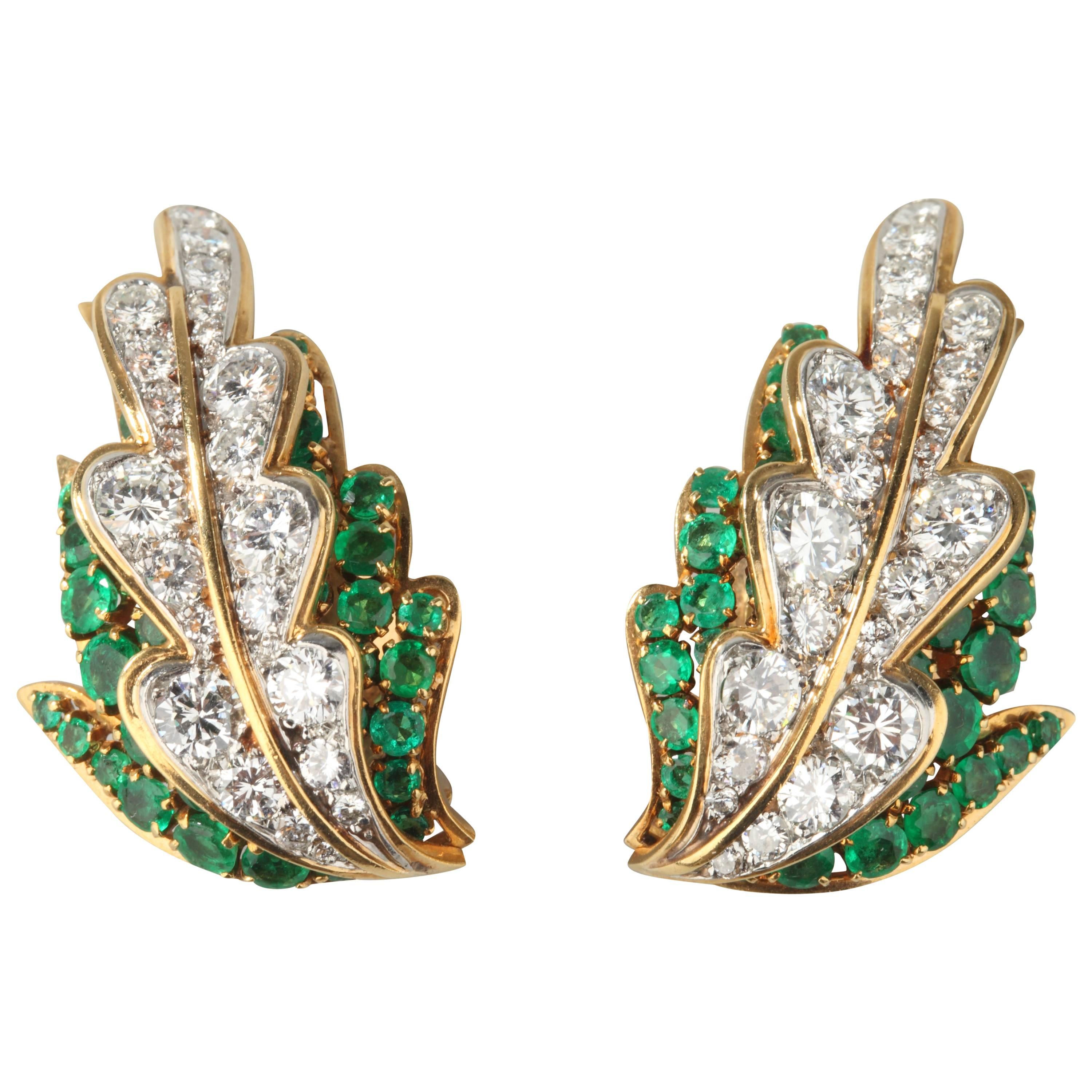 Van Cleef & Arpels Emerald Diamond Gold Leaf Earrings For Sale