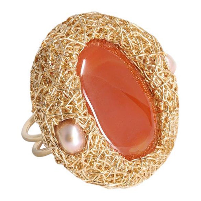 Oval Carnelian and Pearls 14 Kt Gold F. Cocktail Statement Ring by the Artist For Sale