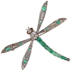 Antique 1870s Ruby Emerald Diamond Silver Gold Dragonfly Brooch