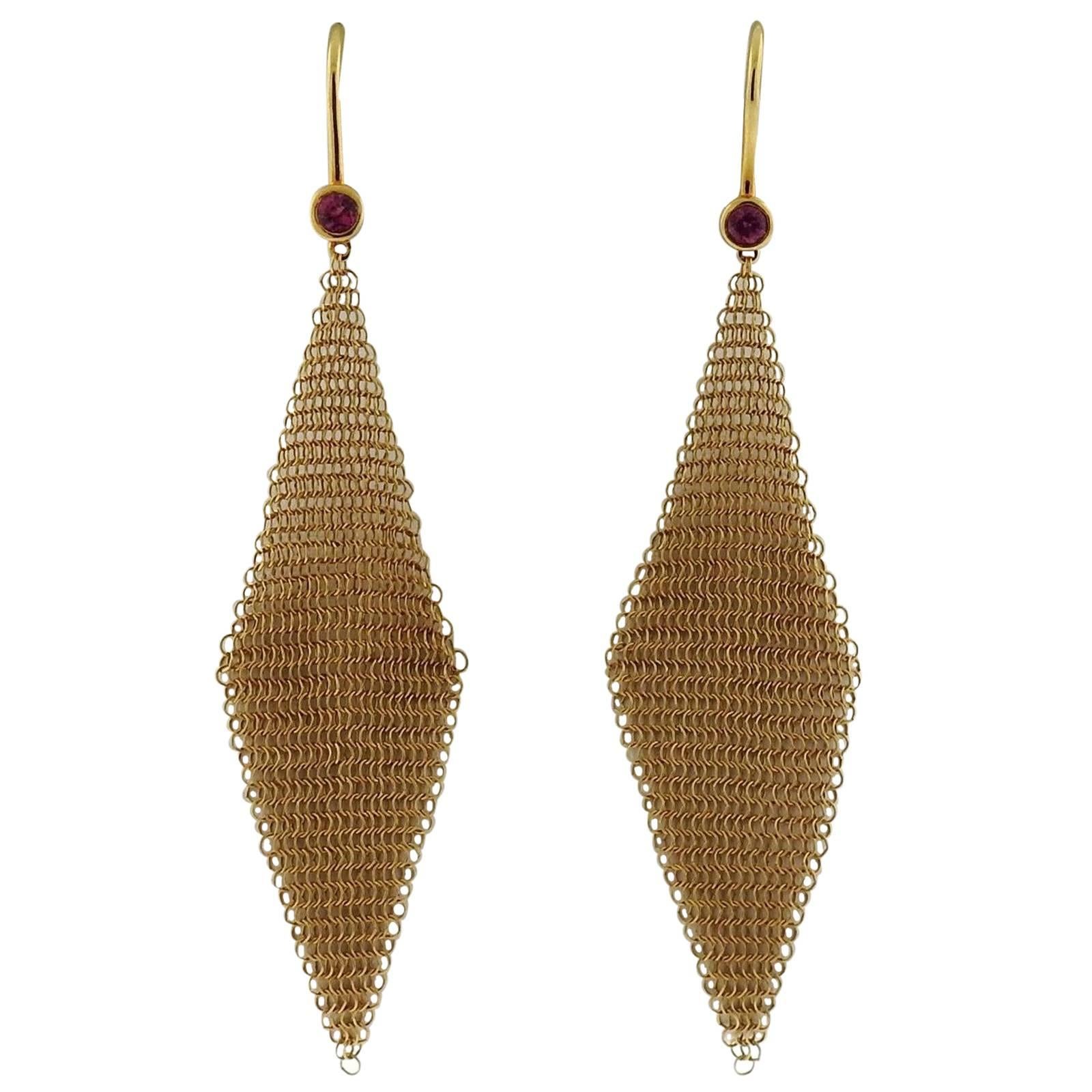 Tiffany 
Co. Large Elsa Peretti Pink Sapphire Gold Mesh Drop Earrings