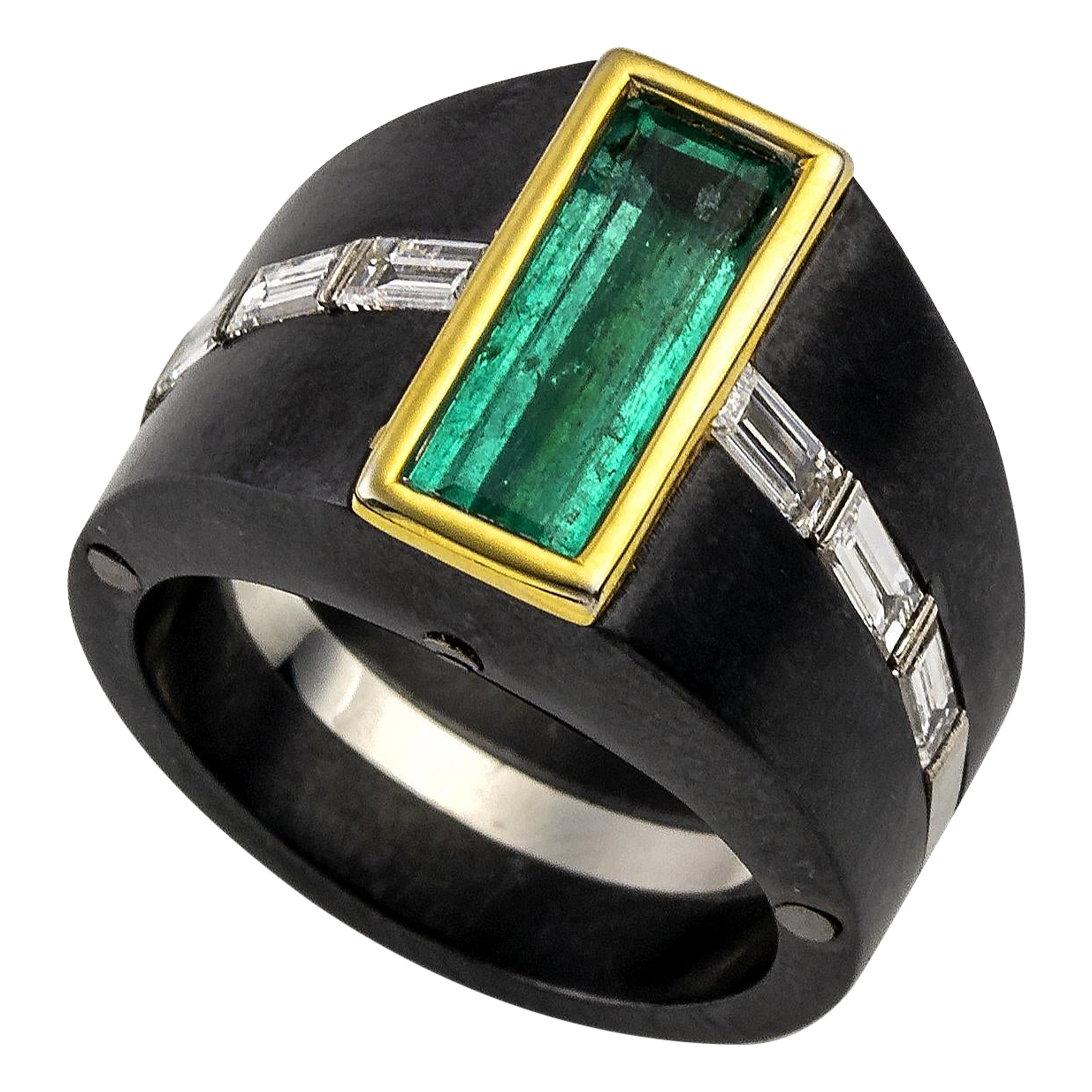 Vasilis Giampouras Emerald Diamond Yellow White Gold Black Titanium Ring For Sale