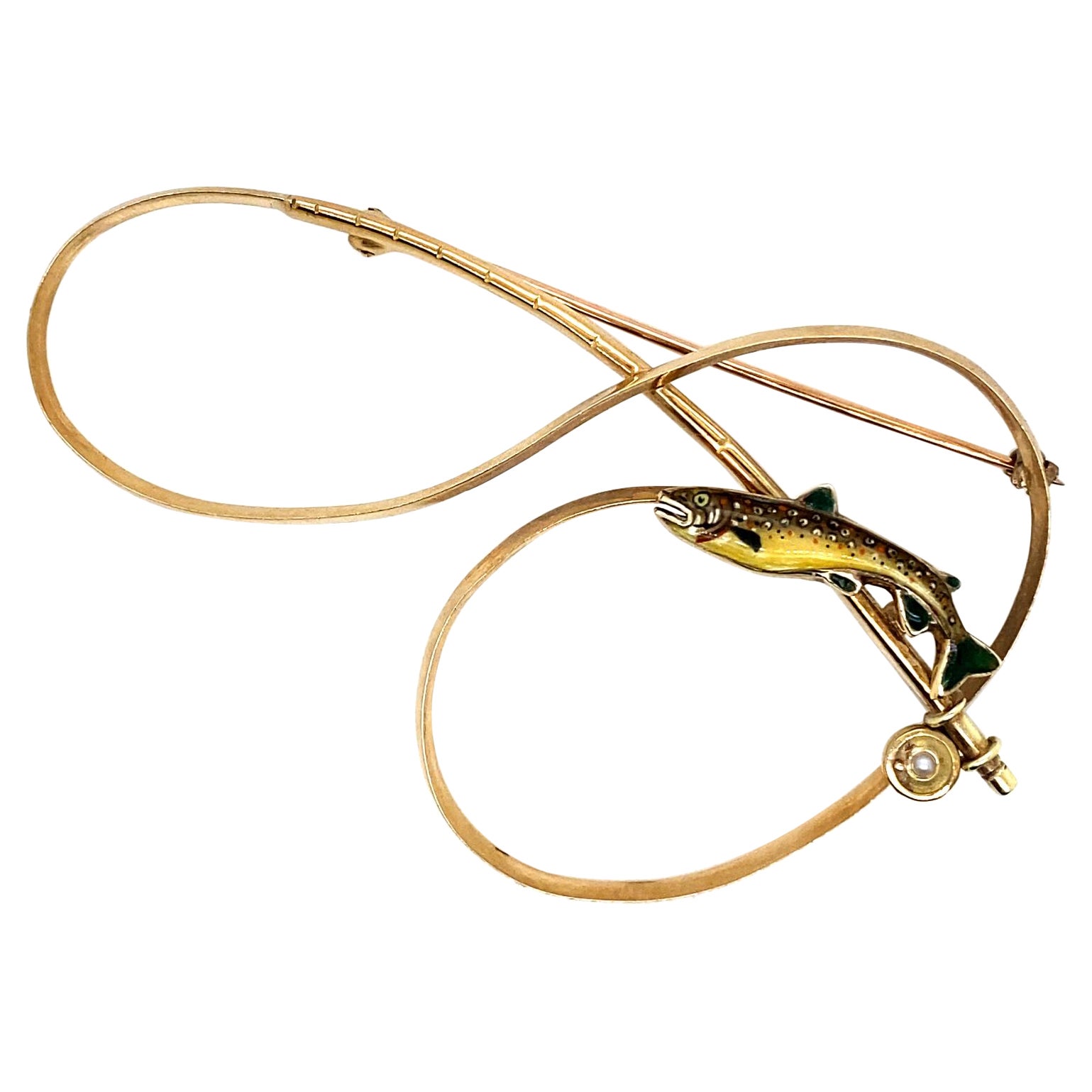 Alabaster and Wilson Vintage Fly Fishing Enamelled Brooch 9 Karat Yellow Gold
