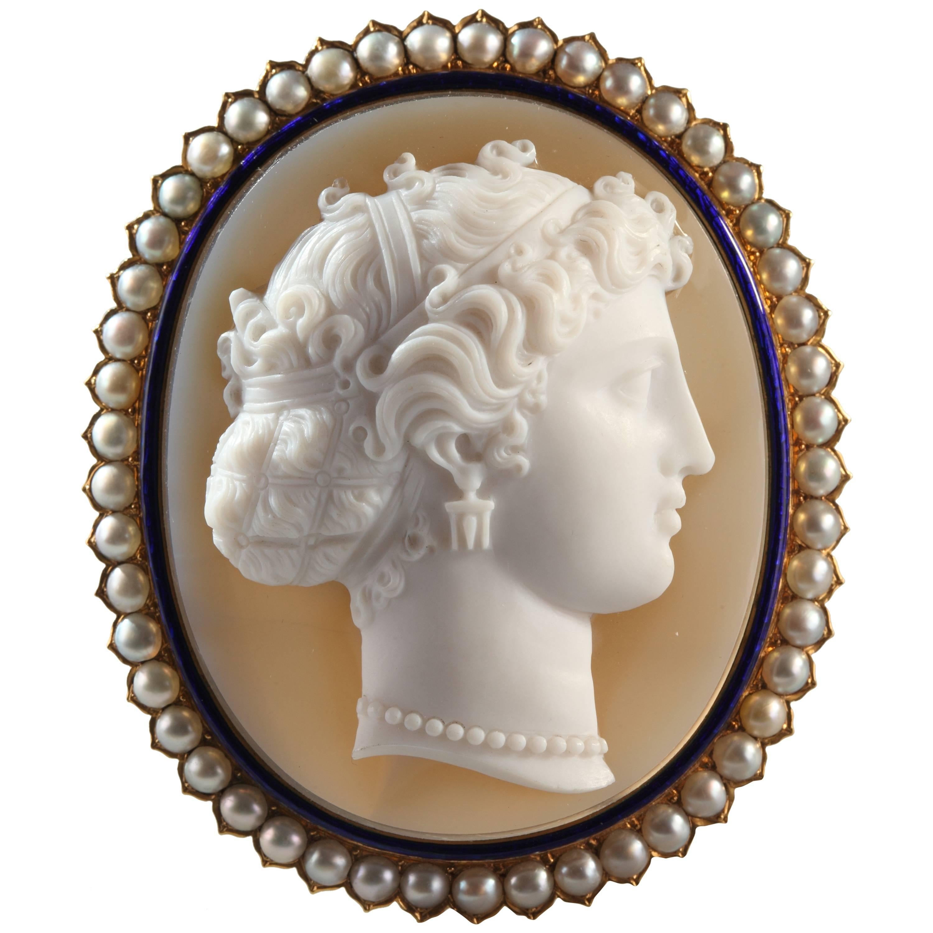 Antique French Agate Cameo Pearl Brooch For Sale