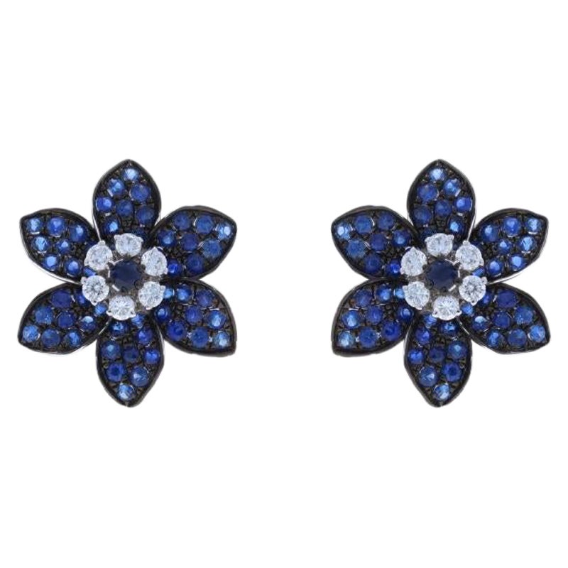 White Gold Sapphire Diamond J-Hoop Earrings - 14k Round 1.36ctw Flowers Pierced For Sale