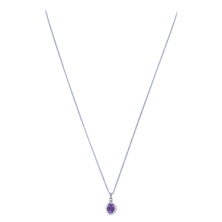 White Gold Amethyst Diamond Halo Pendant Necklace 18" - 14k Oval 1.00ctw For Sale