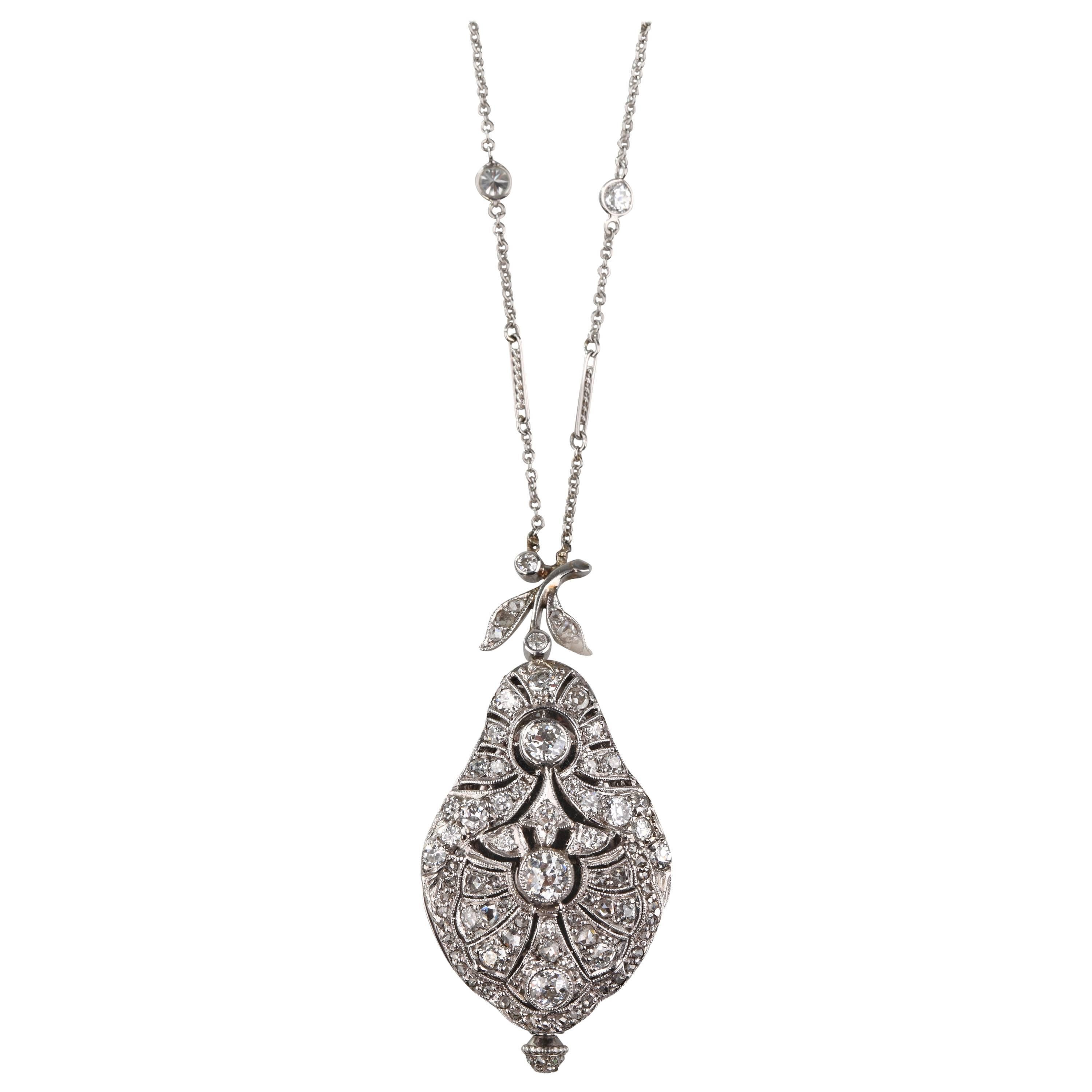 1900s Ladies Platinum White Gold Diamond Pear Shaped Pendant Watch For Sale