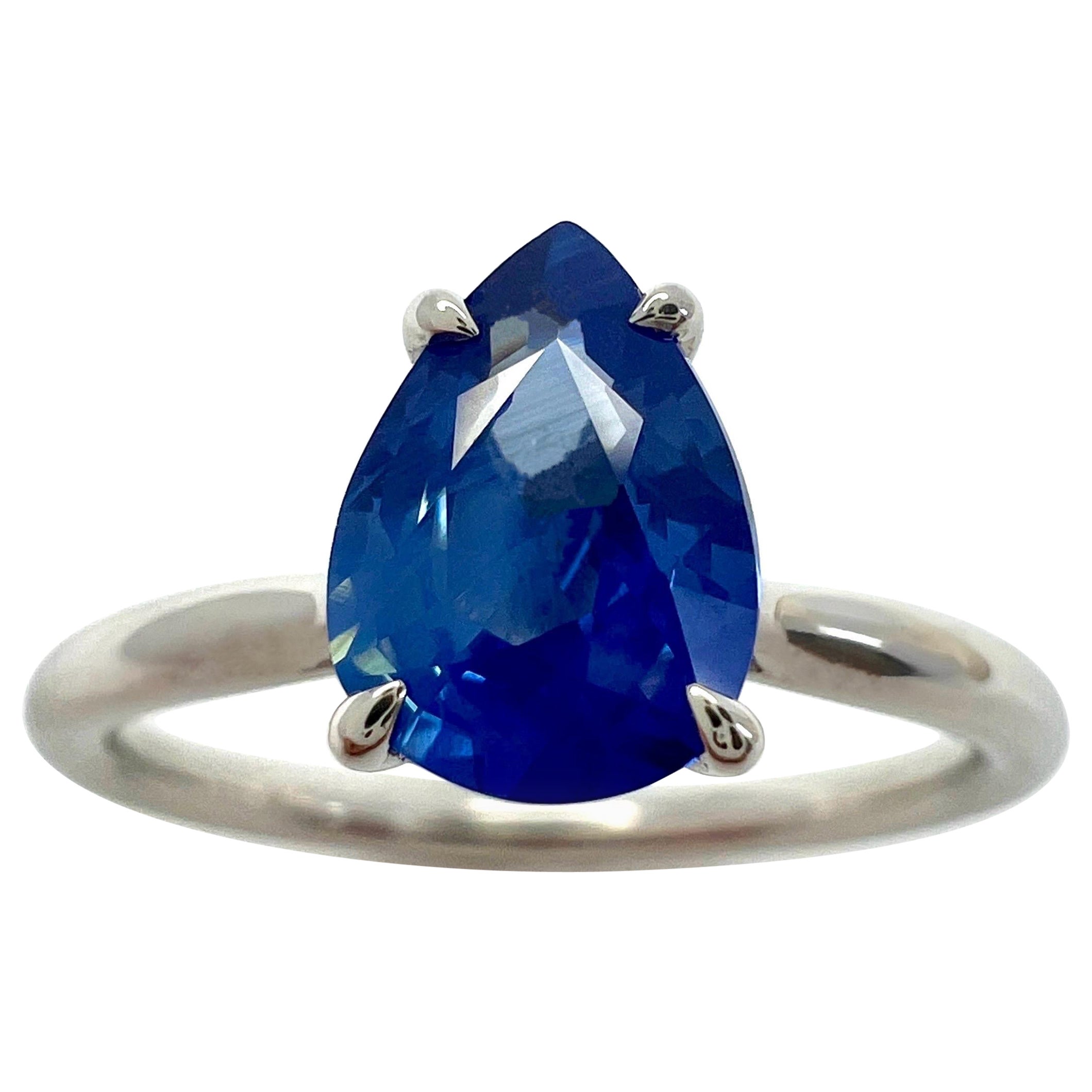1.17ct Cornflower Blue Sapphire Pear Teardrop Cut 18k White Gold Solitaire Ring For Sale
