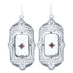 Sterling Ruby & Camphor Glass Filigree Dangle Earrings - 925 Round Milgrain