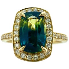GIA Certified 1.46ct No Heat BIColour Sapphire Diamond 18k Yellow Gold Halo Ring