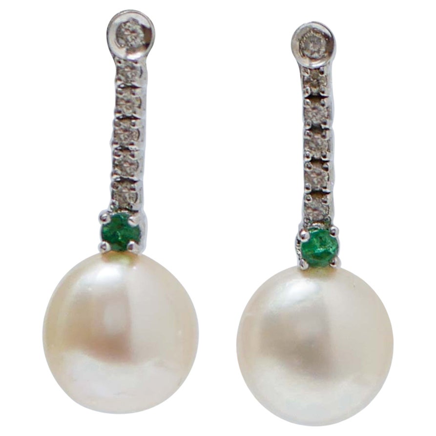 White Pearls, Emeralds, Diamonds, 14 Karat White Gold Tennis Earrings. For Sale