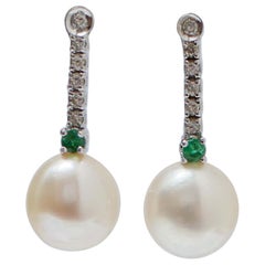 White Pearls, Emeralds, Diamonds, 14 Karat White Gold Tennis Earrings.