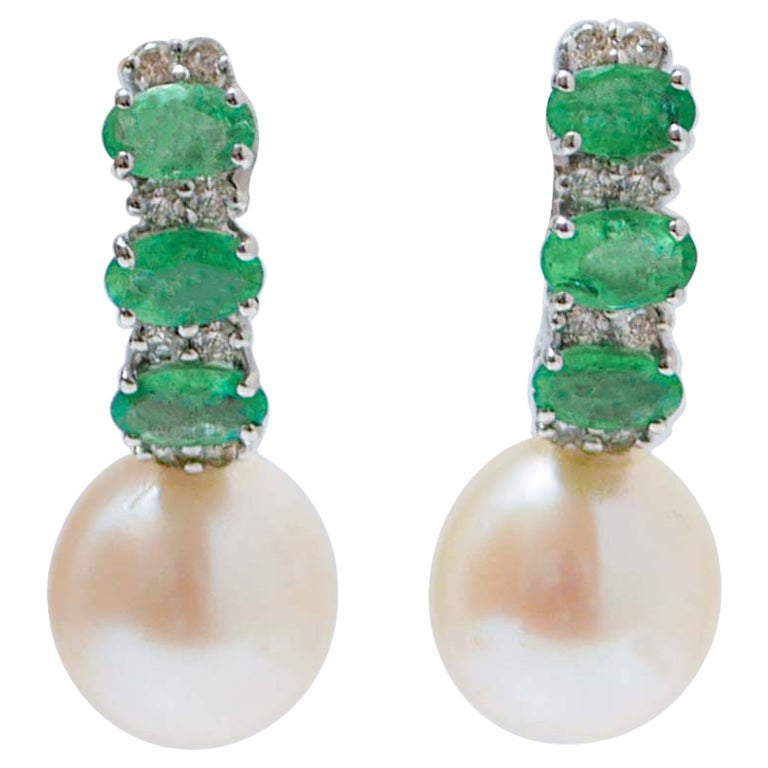 Pearls, Emeralds, Diamonds, 18 Karat White Gold Earrings.