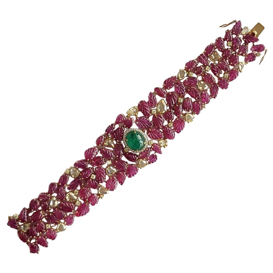 Natural Zambian Emerald Cabochon, Ruby Carving & Yellow Diamonds Cuff Bracelet For Sale
