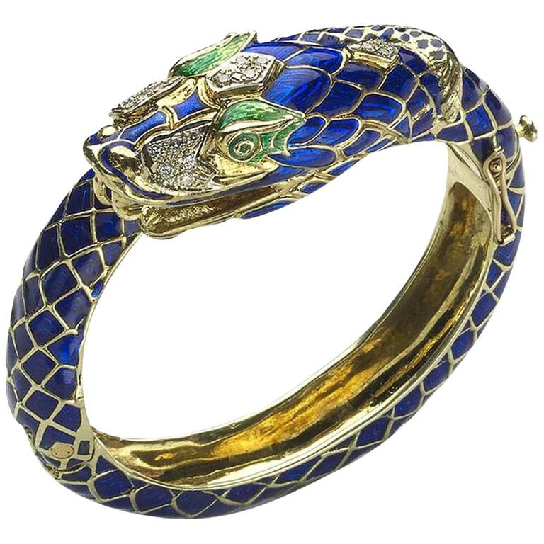 Enamel Diamond Gold Snake Bangle Bracelet For Sale at 1stdibs