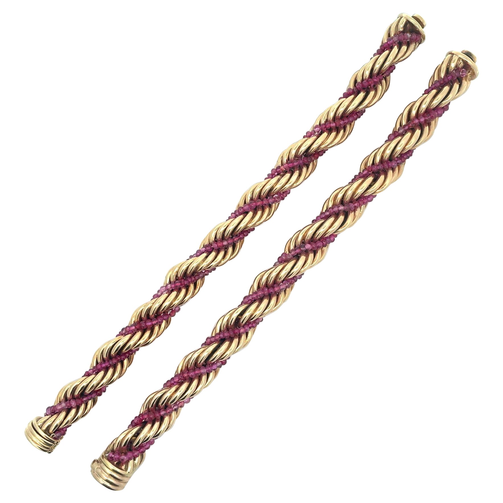 Ruser Pair of Gold and Ruby Bead Rope Bracelets For Sale