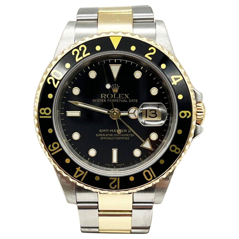 Rolex GMT Master II 16713 Black Dial 18K Yellow Gold Stainless Steel 2003 For Sale