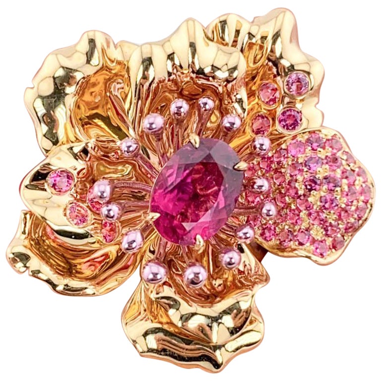 Art Jewelry Rubellite Tourmaline Center Flower Ring / Pendant 18K Gold R6641 For Sale