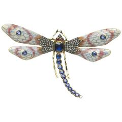 Enamel Sapphire Diamond Gold Dragonfly Brooch 8