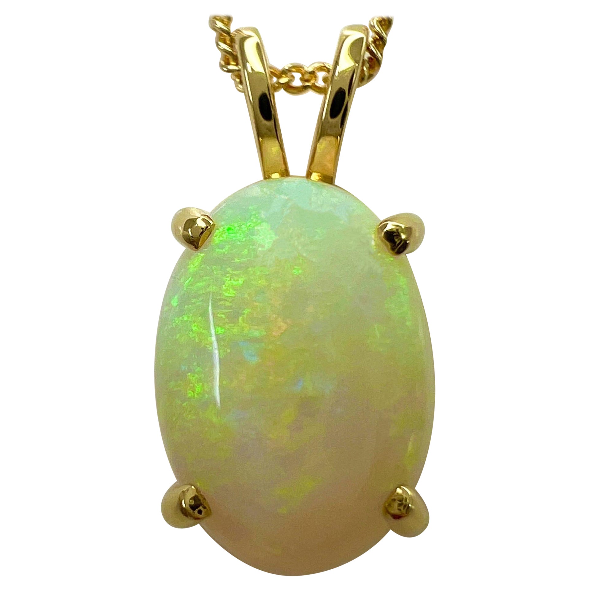 3ct Fine Australian White Opal Oval Cabochon 18k Yellow Gold Pendant Necklace For Sale