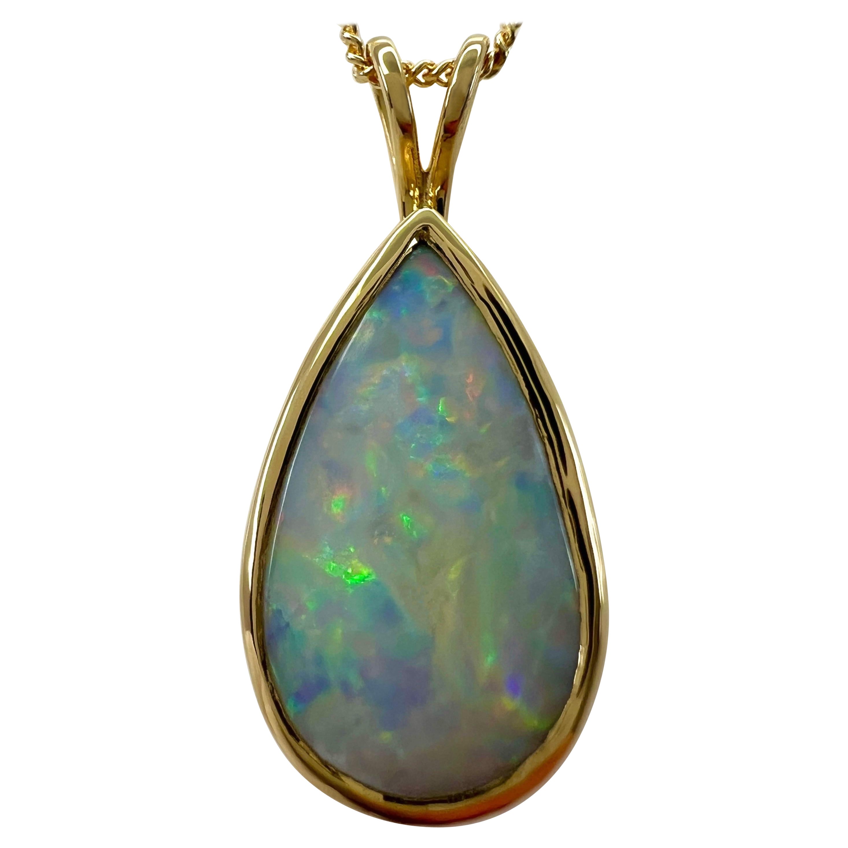 Natural 3.55ct Australian Opal Pear Cabochon 18k Yellow Gold Pendant Necklace For Sale