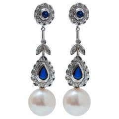 Retro White Pearls, Sapphires, Diamonds, Platinum Dangle Earrings.