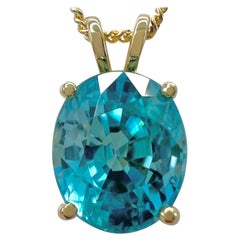 Used Natural Blue Zircon 3.78ct Oval Cut 18k Yellow Gold Pendant Necklace