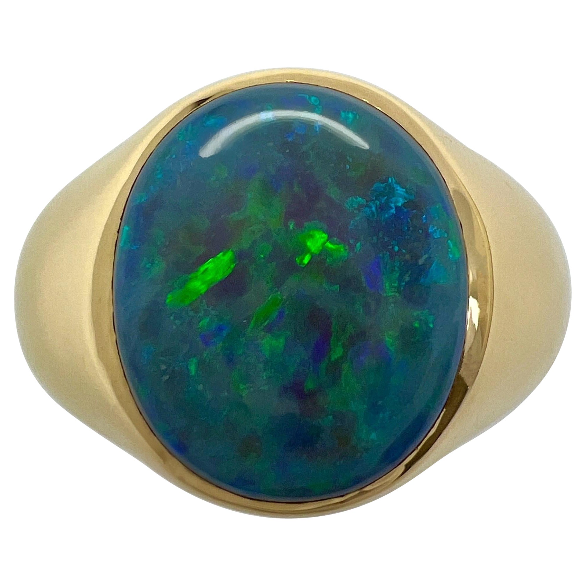 Natural 3.04ct Australian Black Opal Oval Cabcohon 18k Yellow Gold Signet Ring