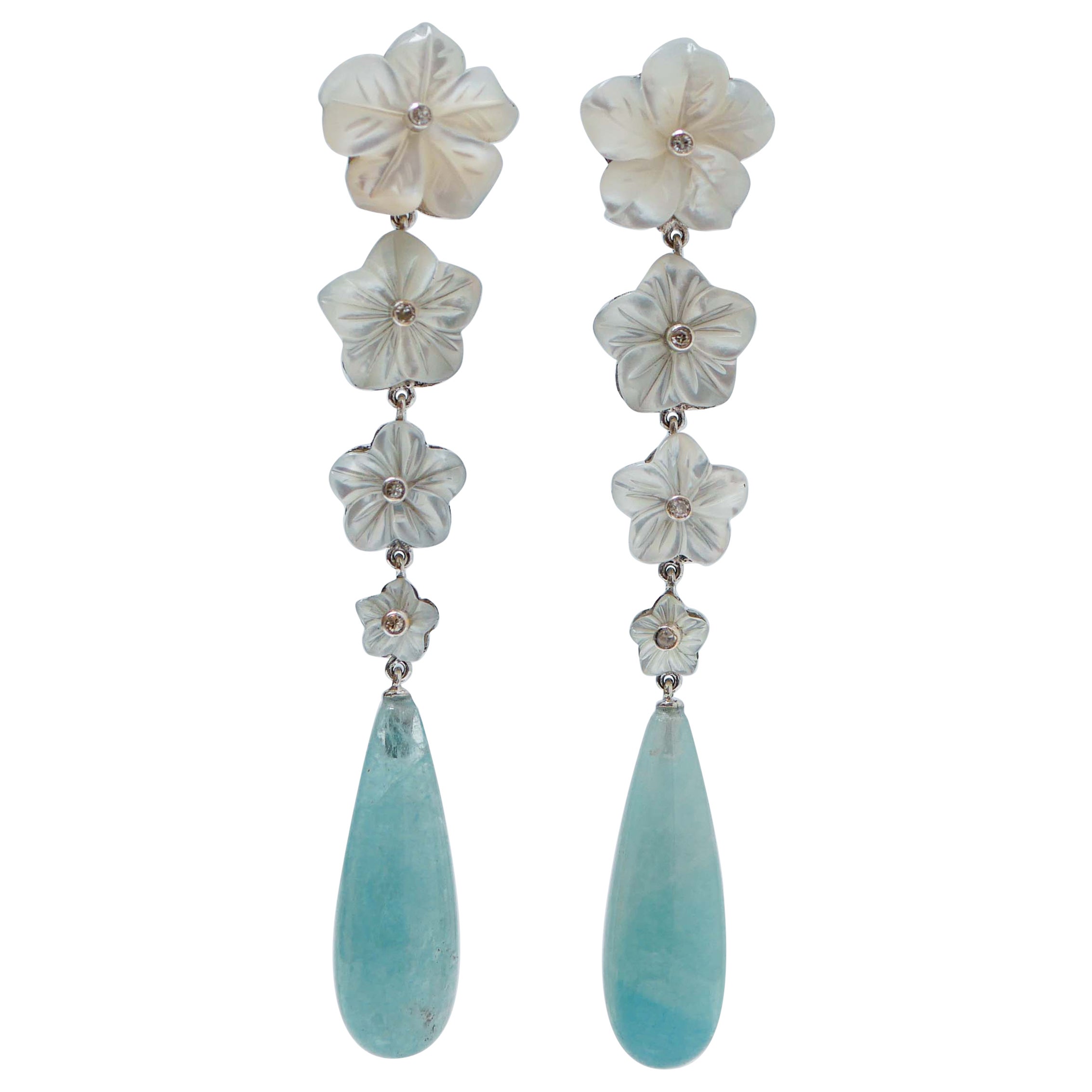 Aquamarine, White Stones, Diamonds, Platinum Dangle Earrings. For Sale