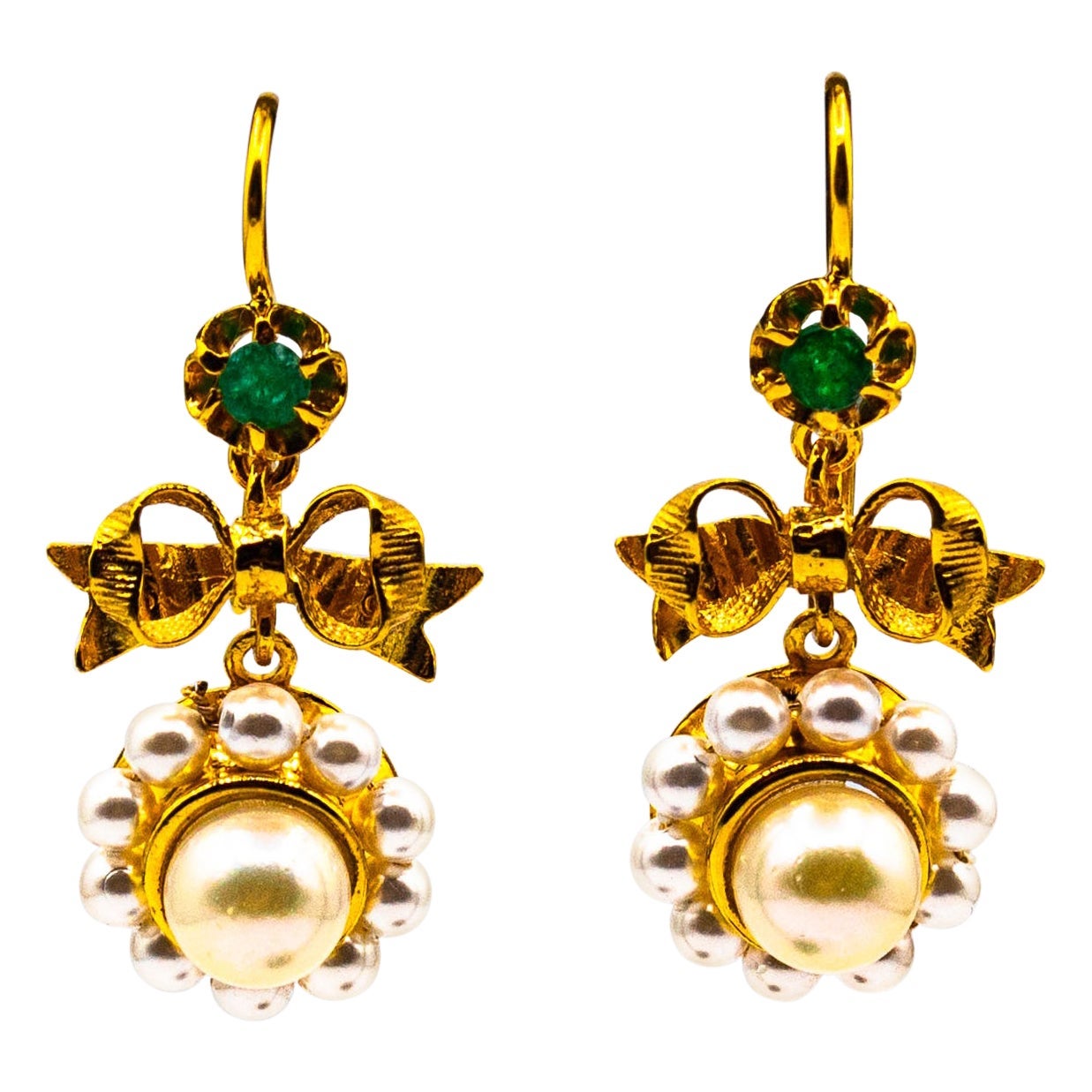 Art Deco Style Micro Pearls 0.25 Carat Emerald Yellow Gold Drop Stud Earrings For Sale
