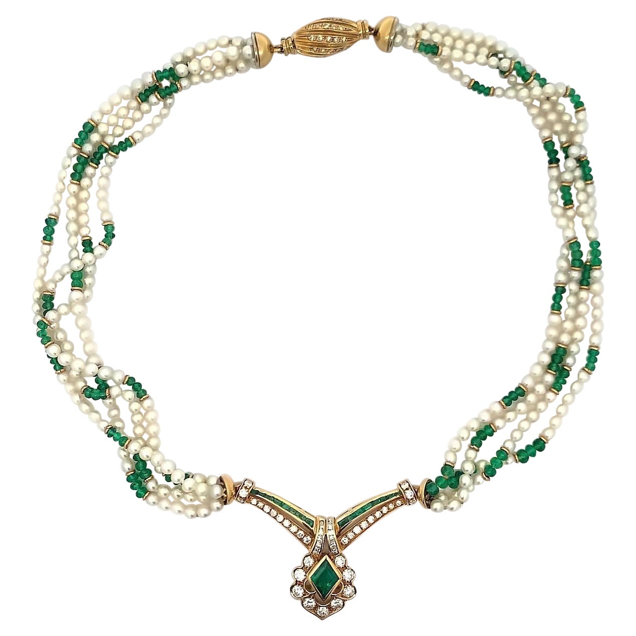 Emerald and Cultured Pearl Necklace For Sale