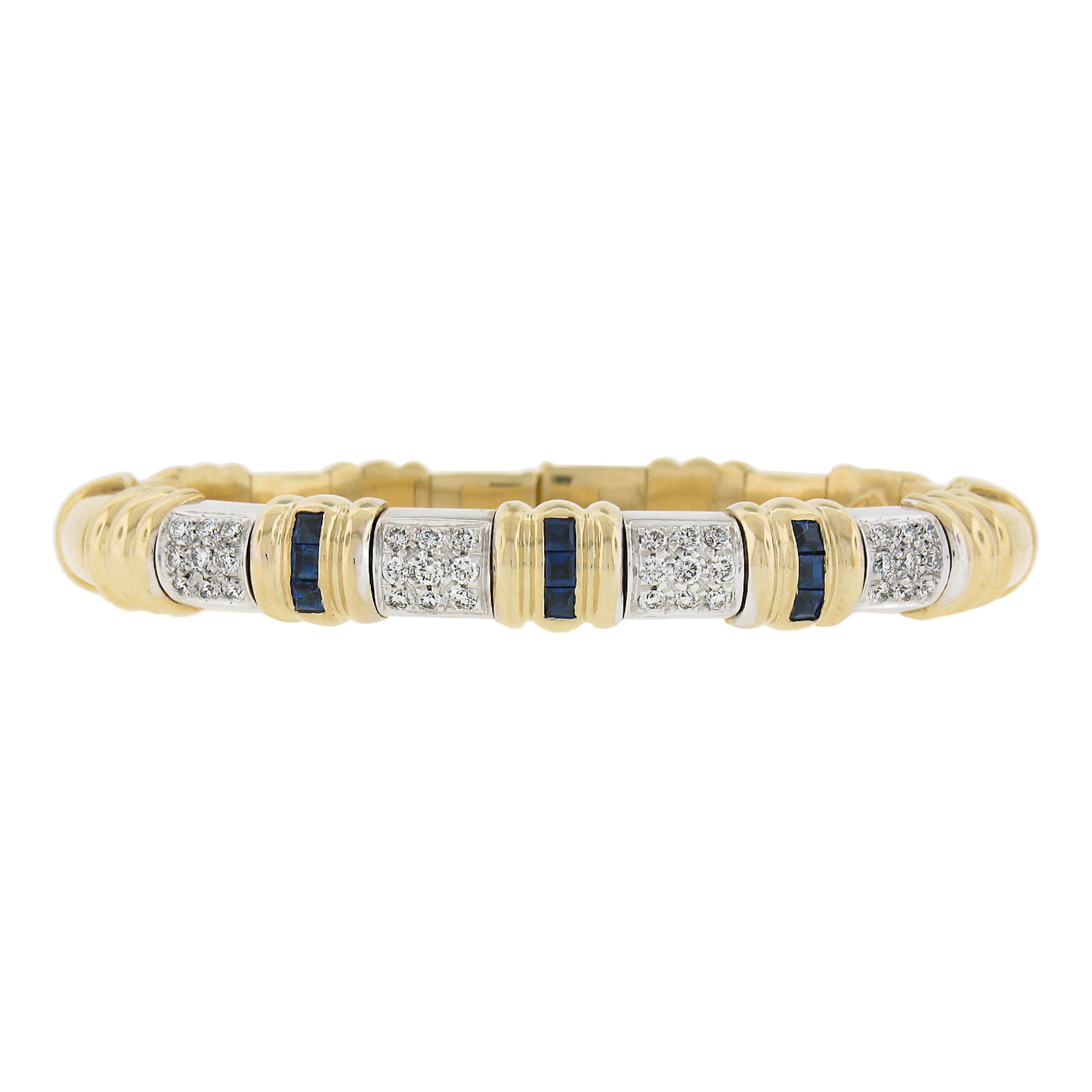 Italian 18k Two Tone Gold 1.40ctw Diamond & Sapphire Flexible Cuff Bracelet For Sale