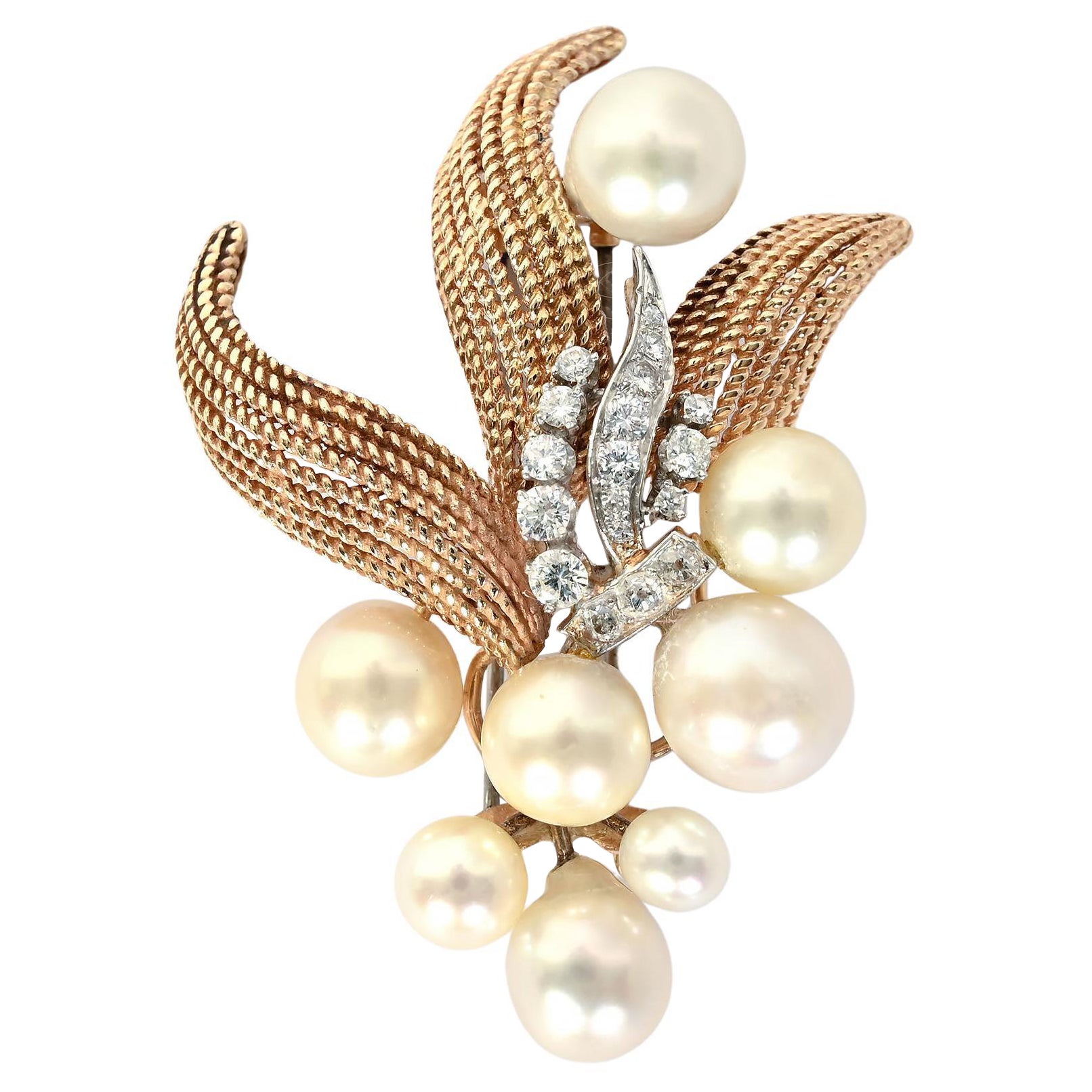 Seaman Schepps Pearl and Diamond Gold Brooch For Sale