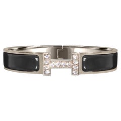 Custom Diamond Hermes Clic H Enamel Bangle Bracelet GM France Black
