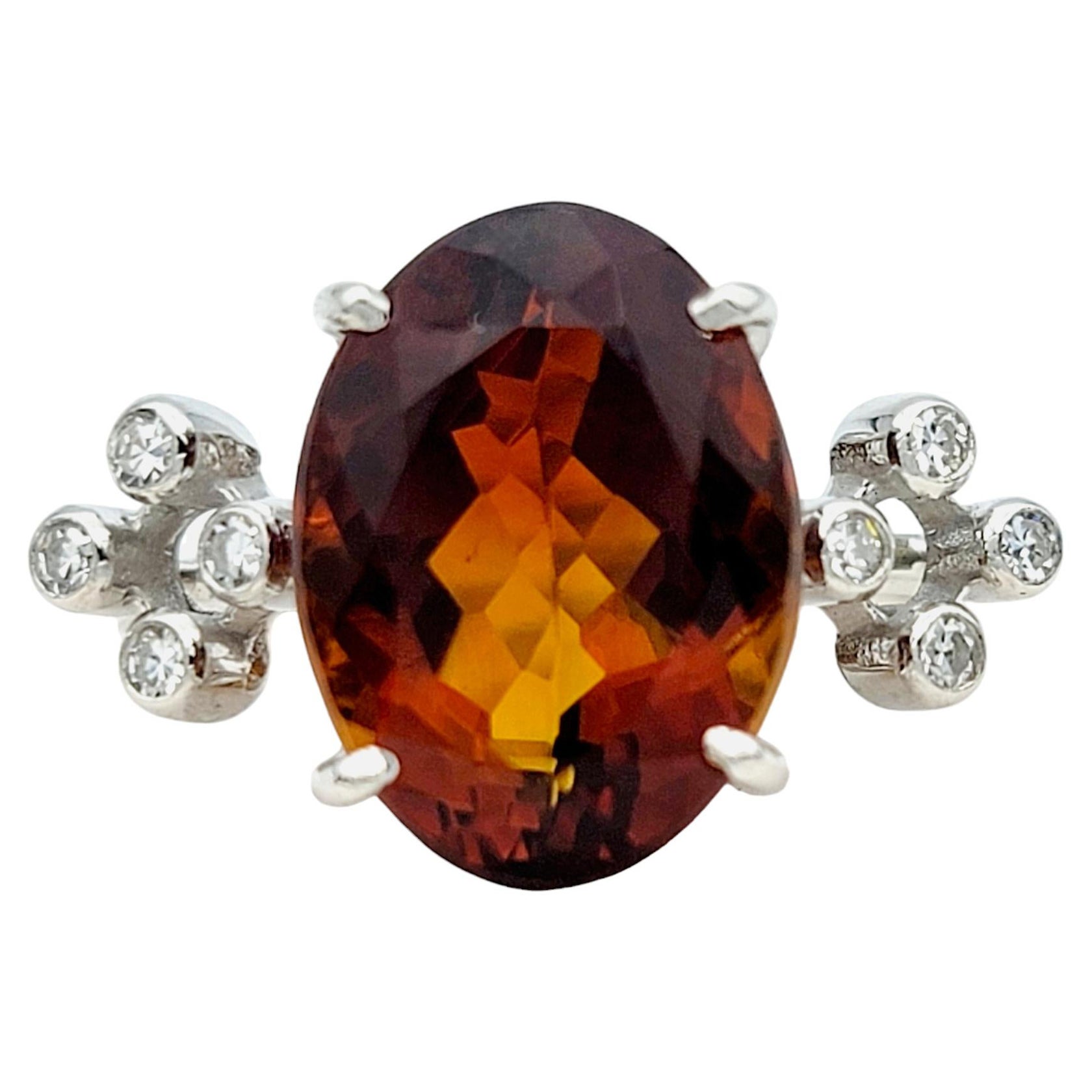 Oval Cut Dark Citrine and Diamond Cluster Cocktail Ring in 18 Karat White Gold For Sale