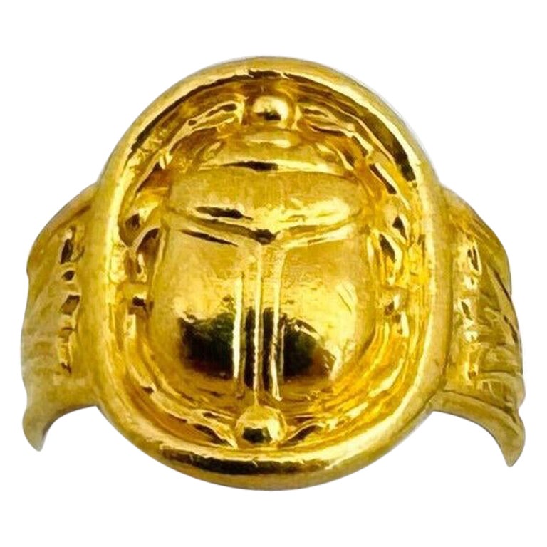 24 Karat Pure Yellow Gold Solid Scarab Beetle Ankh Ring  For Sale