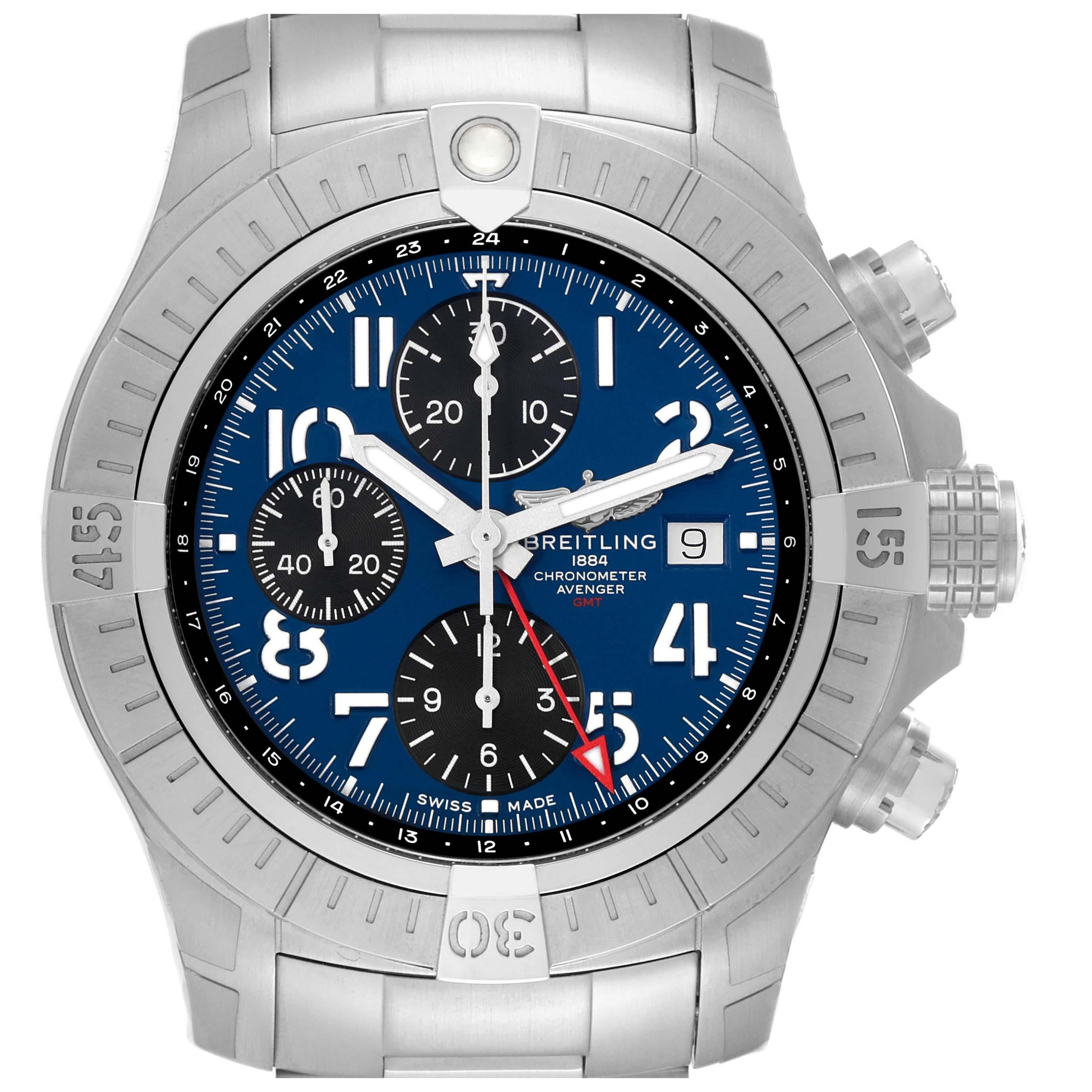 Breitling Avenger Chronograph GMT 45 Steel Mens Watch A24315 Box Card