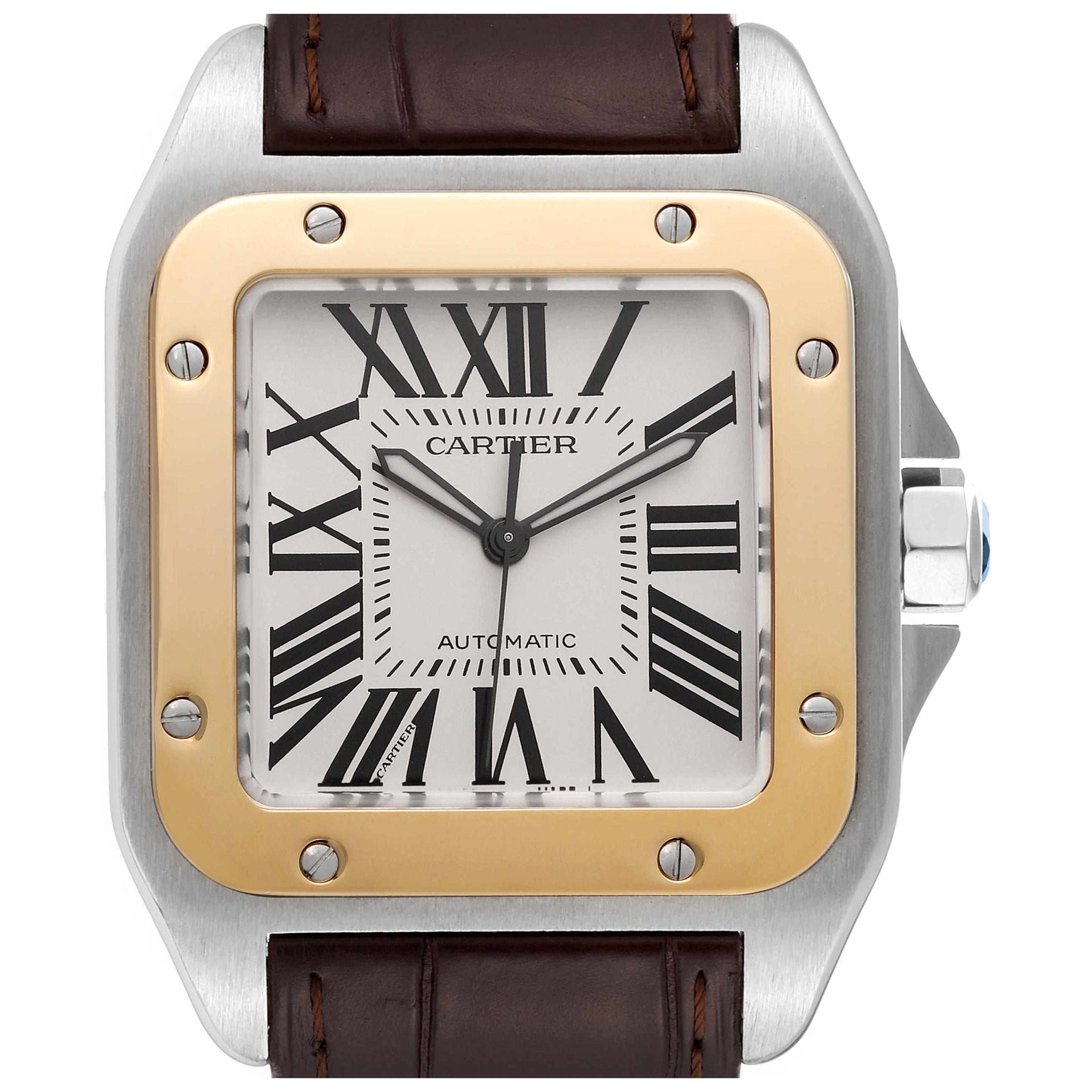 Cartier Santos 100 Steel Yellow Gold Silver Dial Mens Watch W20072X7 For Sale