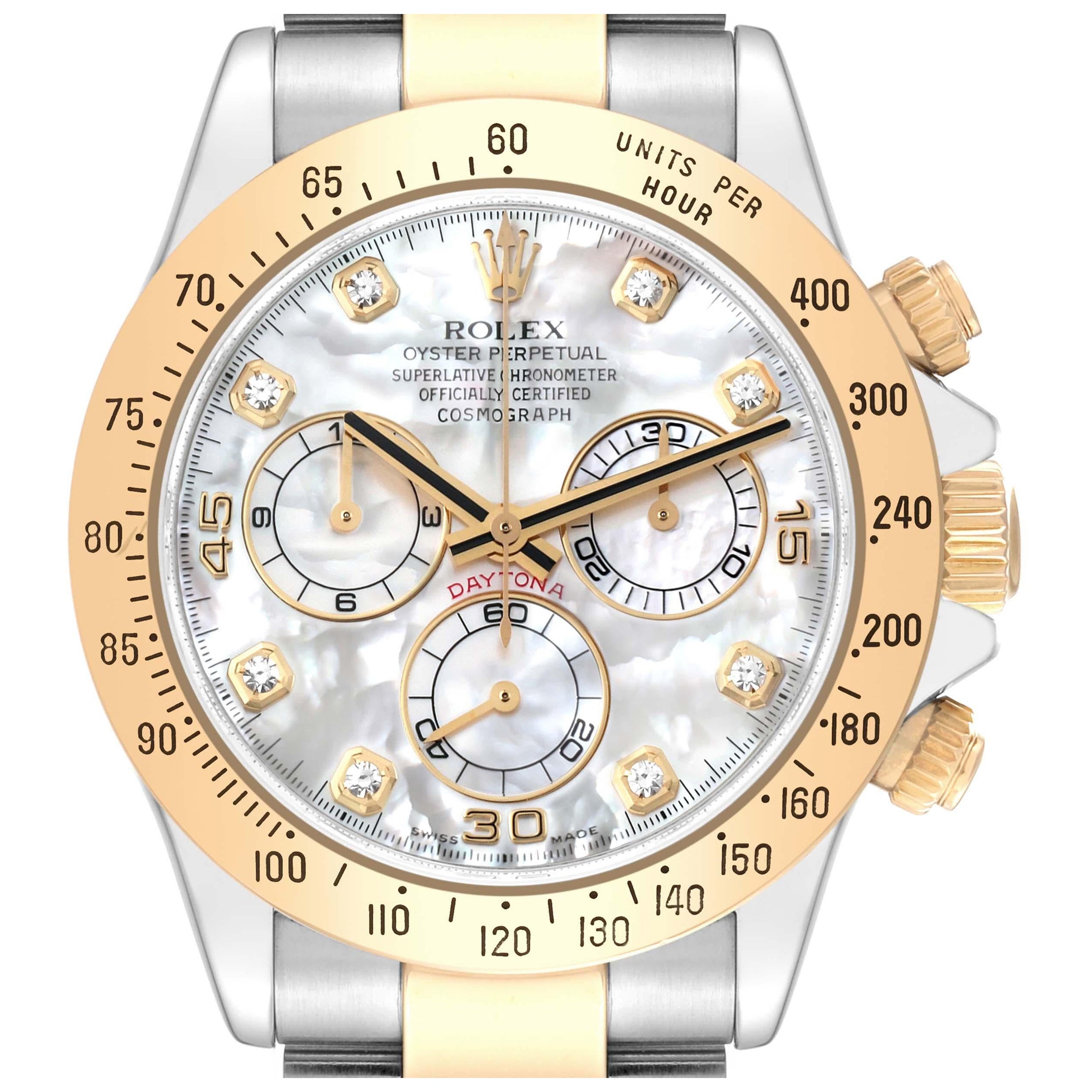 Rolex Daytona Yellow Gold Steel Mother of Pearl Diamond Mens Watch 116523 For Sale