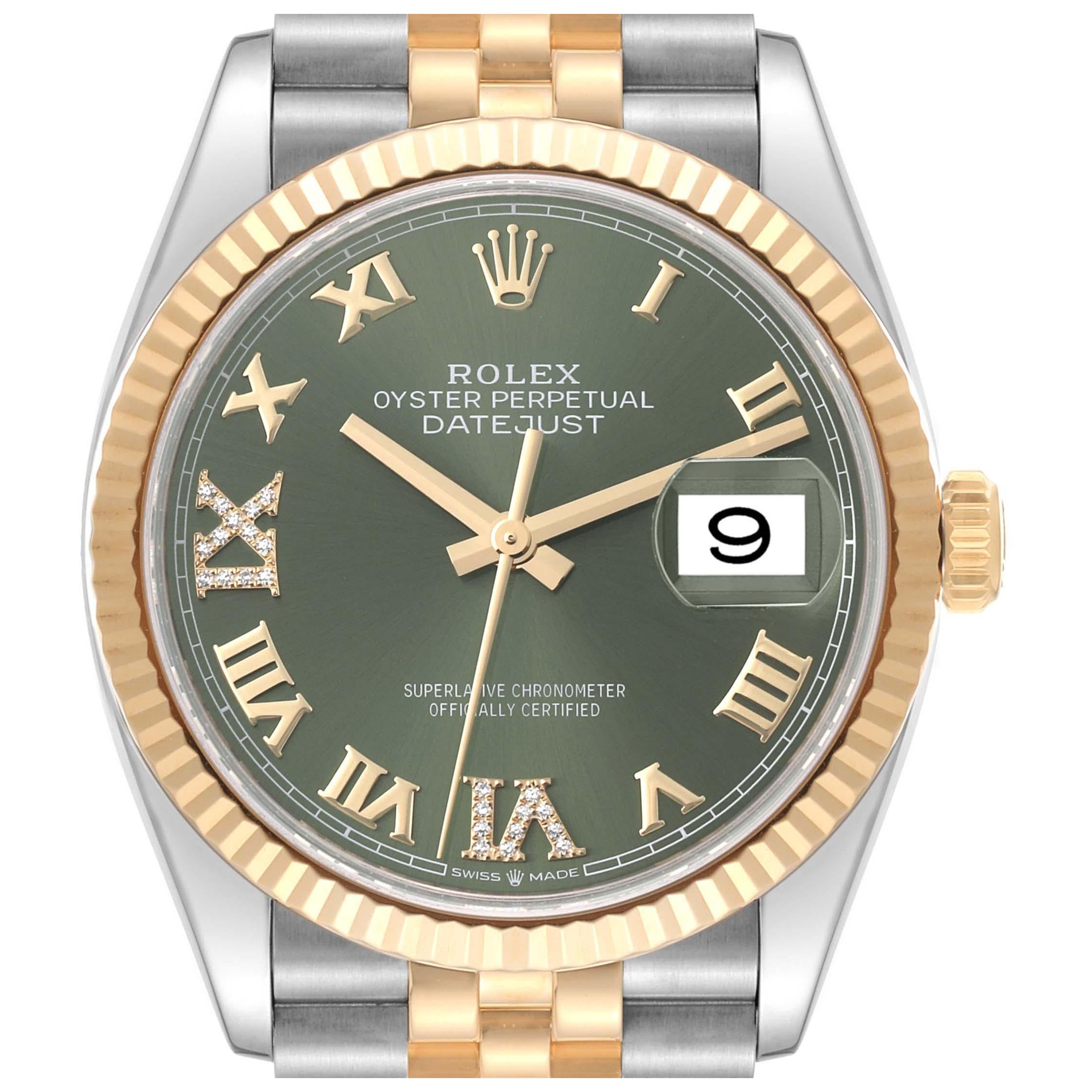 Rolex Datejust Steel Yellow Gold Green Diamond Dial Mens Watch 126233 Box Card