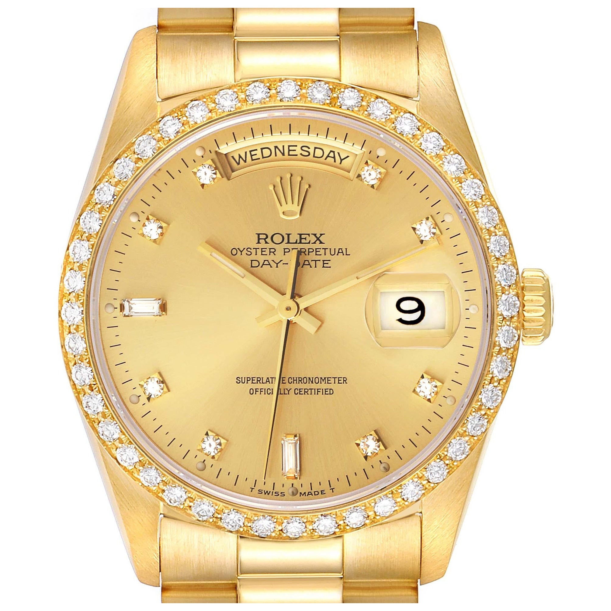 Rolex President Day Date 36mm Yellow Gold Diamond Mens Watch 18348 For Sale