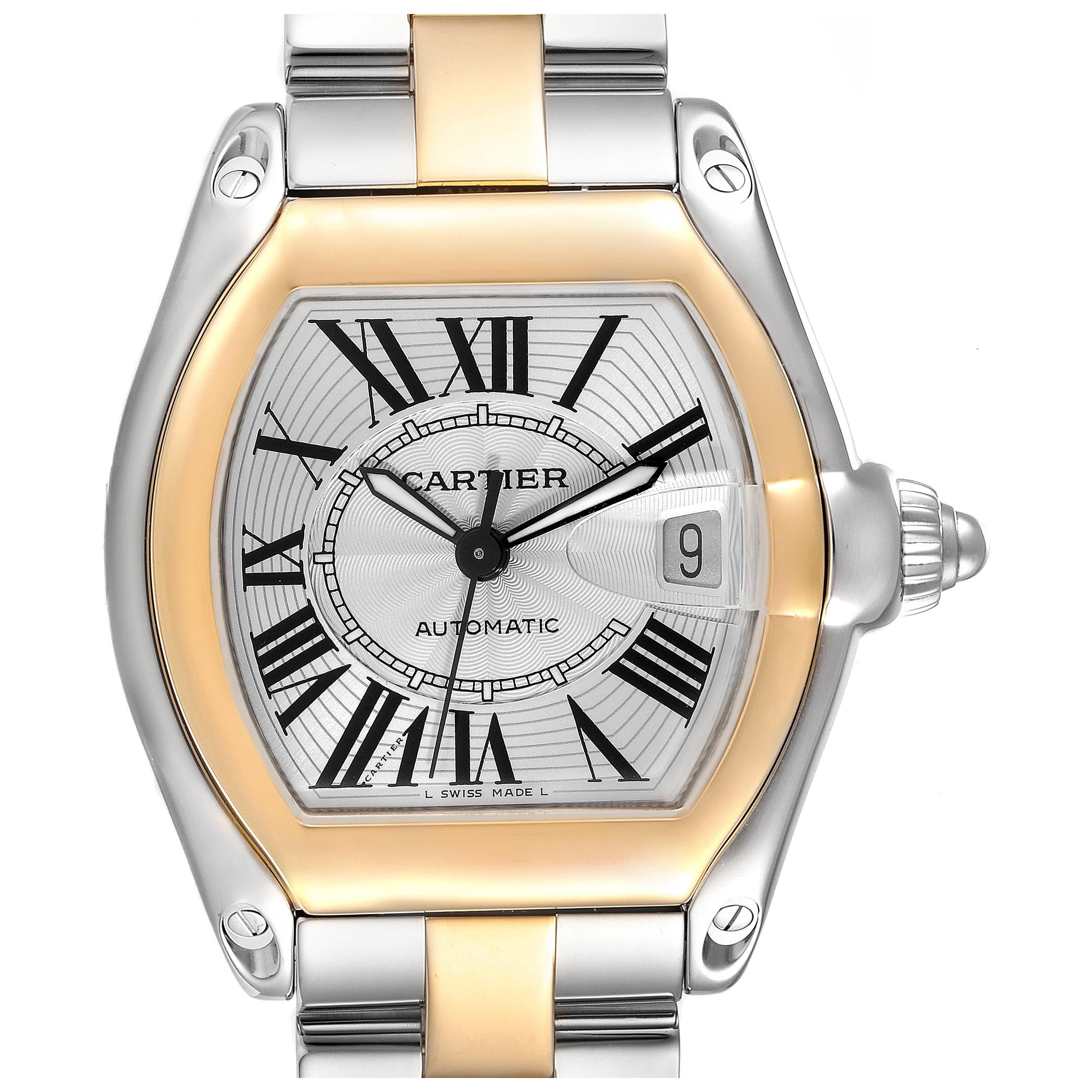 Cartier Roadster Steel Yellow Gold Silver Dial Mens Watch W62031Y4 For Sale
