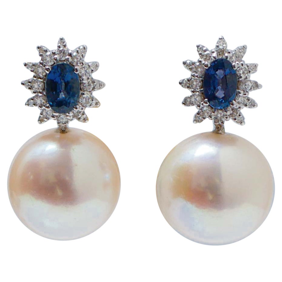 White Pearls, Sapphires, Diamonds, 18 Karat White Gold Earrings.