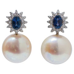 White Pearls, Sapphires, Diamonds, 18 Karat White Gold Earrings.