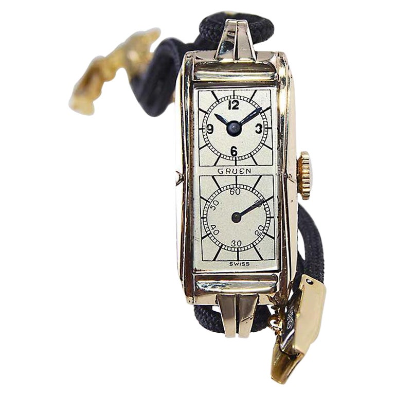 Gruen Gold Filled Art Deco Ladies Dr's Watch with Fired Enamel Printed Dial 1925 For Sale