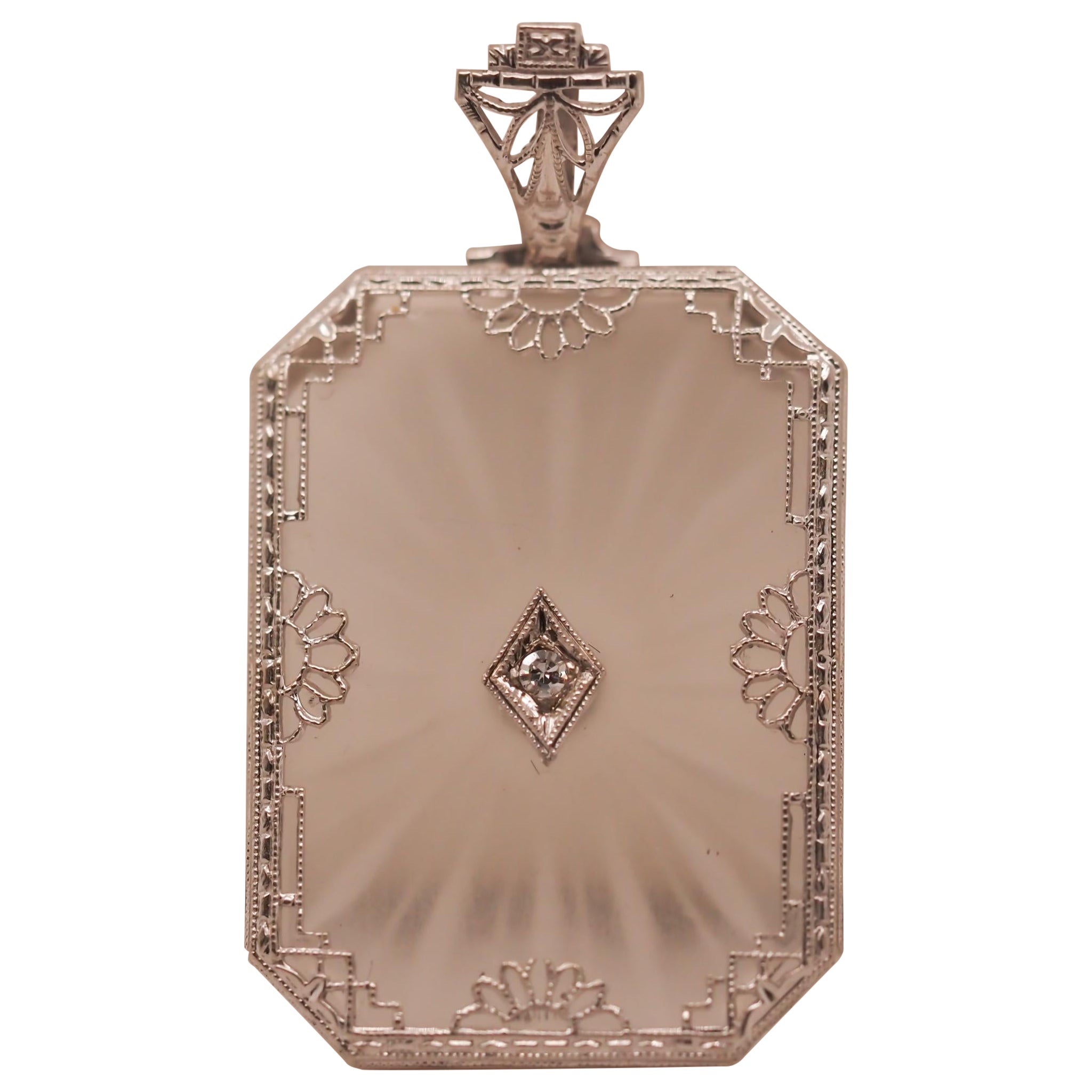 Circa 1930s 14K White Gold Camphor Crystal Diamond Pendant For Sale