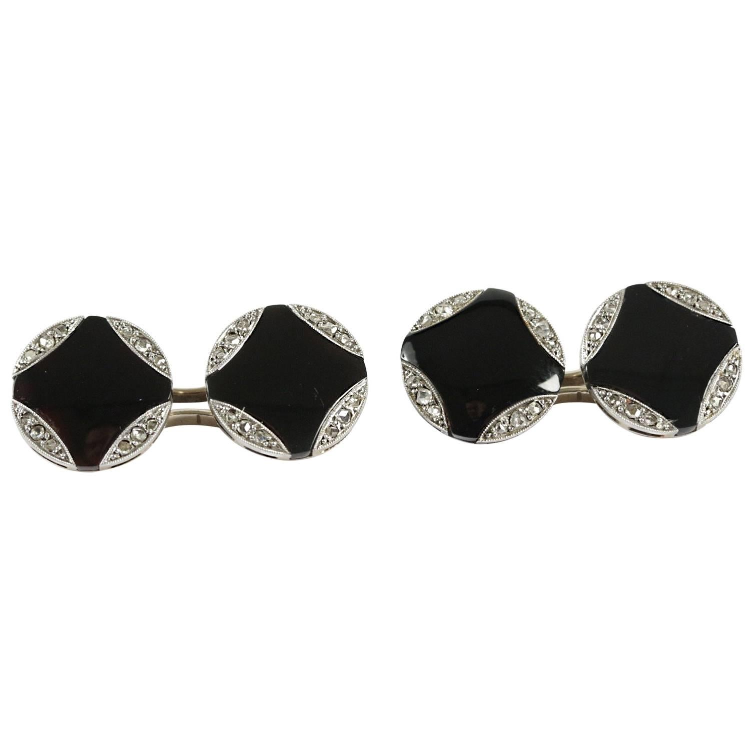 Art Deco Black Onyx Diamond Cufflinks For Sale