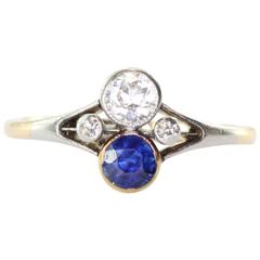 1900s Edwardian Sapphire Diamond Gold and Platinum Top Ring 