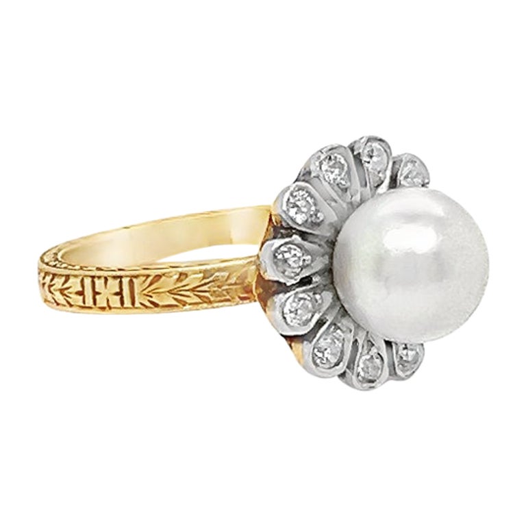 Art Deco Natural Pearl & Diamond Floral Ring Filigree Detail For Sale